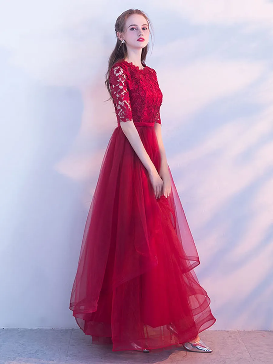 Aline Burgundy Long Prom Dress, Lace Burgundy Formal Graduation Dress