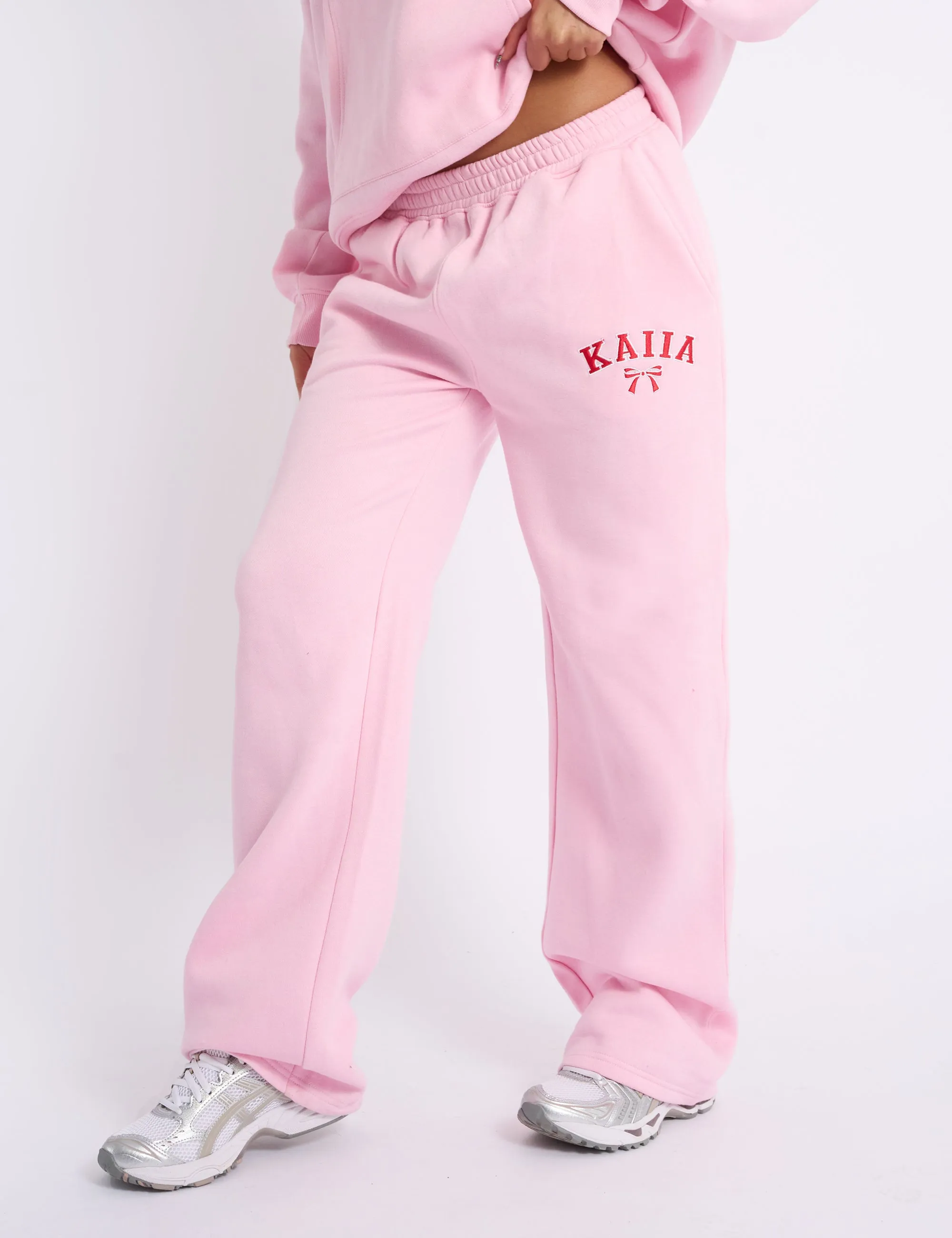 Kaiia Bow Embroidered Wide Leg Joggers Baby Pink & Red