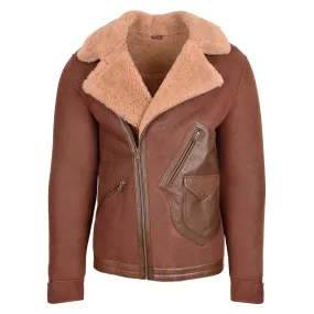 Men's Biker Style Real Sheepskin Cross Zip Aviator Jacket Brown Havard