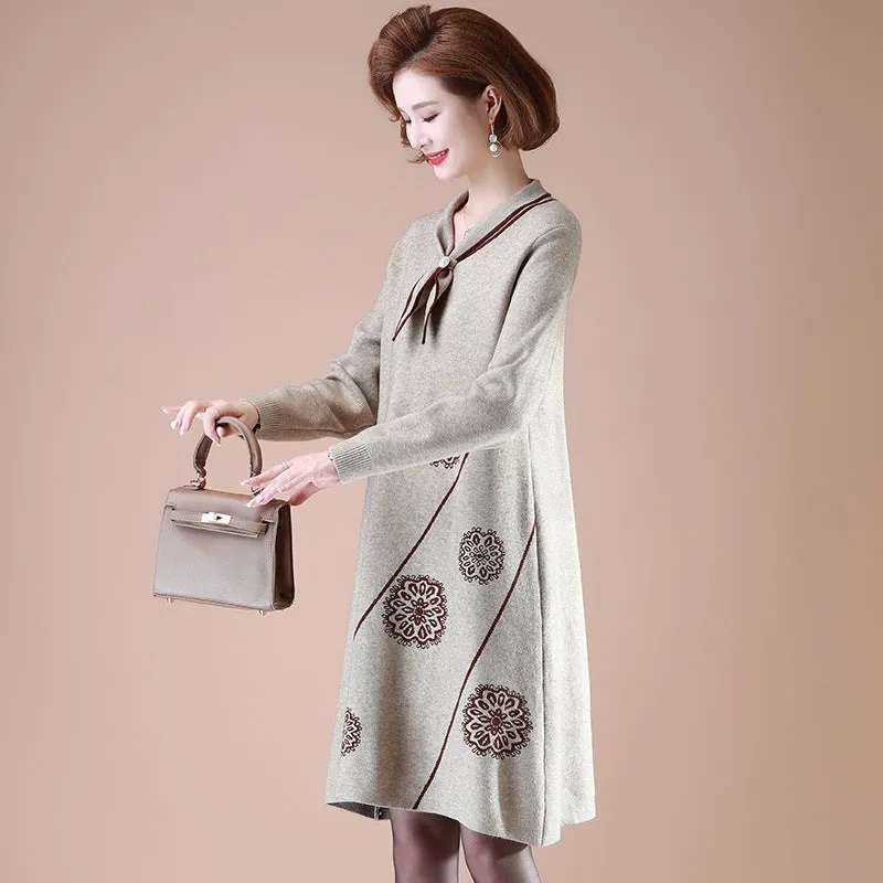 Neckerchief Collar Long Sleeve Knee Length A-line Floral Knit Dress