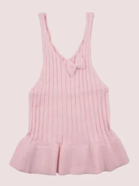 Pink Knitted Sleeveless Ruffled Top with Bow Detail for Girls