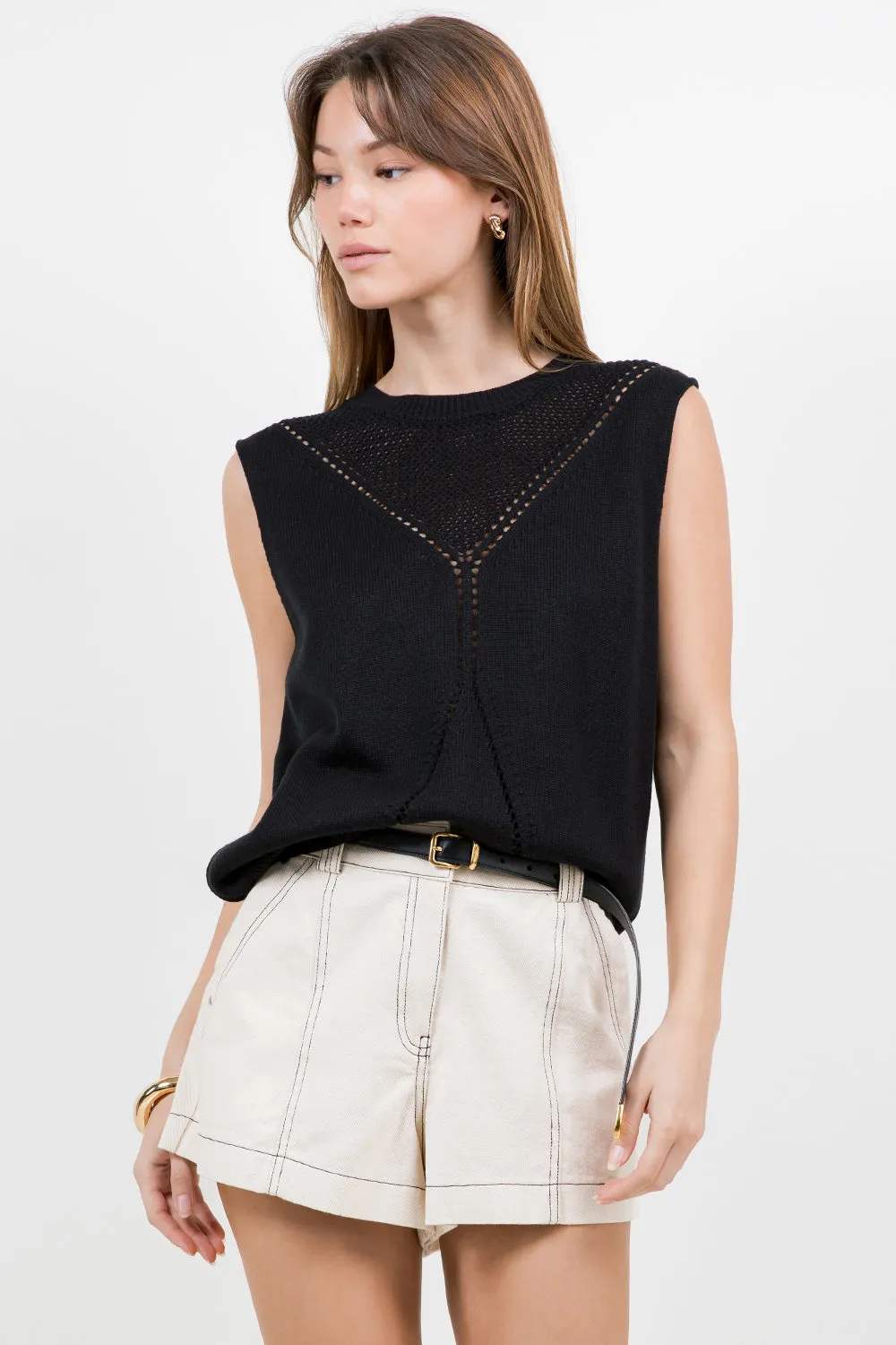 POINTELLE KNITTED SWEATER VEST - BLACK