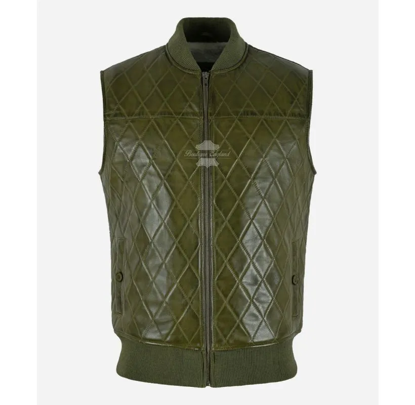 Quilted Sherpa Lined Leather Vest Olive Men's Sleeveless Leather Jacket