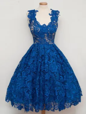 Royal Blue Lace Vintage Style Short Prom Dress Vintage Homecoming Dress
