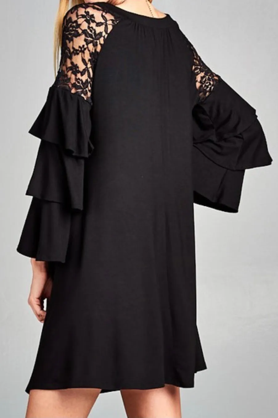 TIERED BELL SLEEVE DRESS WITH LACE SHOULDERS