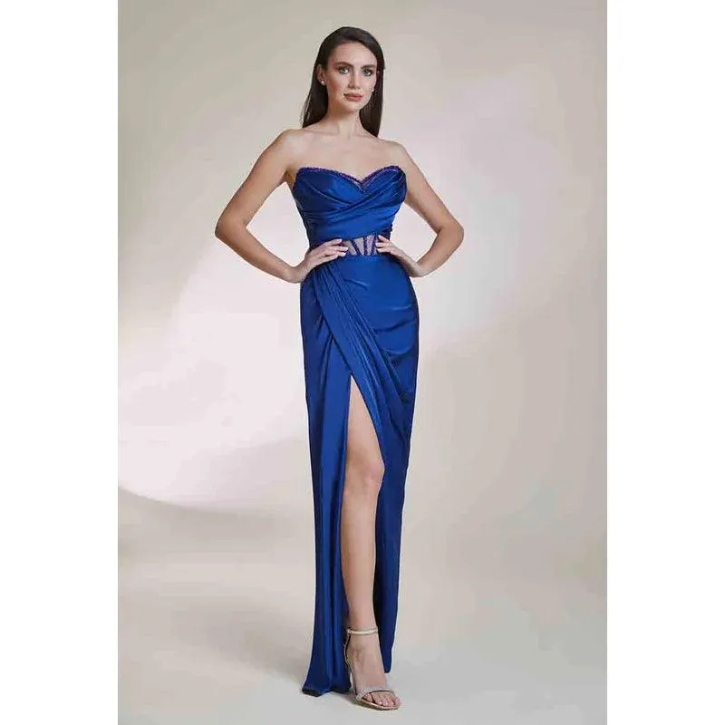 V-Neck Strapless Sleeveless Beaded Ruched Satin Sheath Long Evening Dress